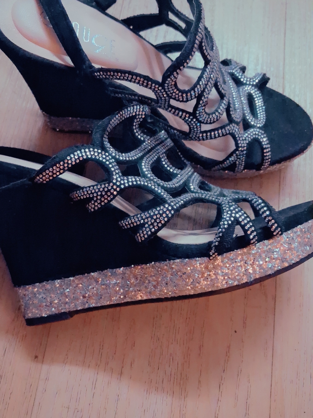 Rouge Helium Black Wedge Sandals with Silver Glitter Platform